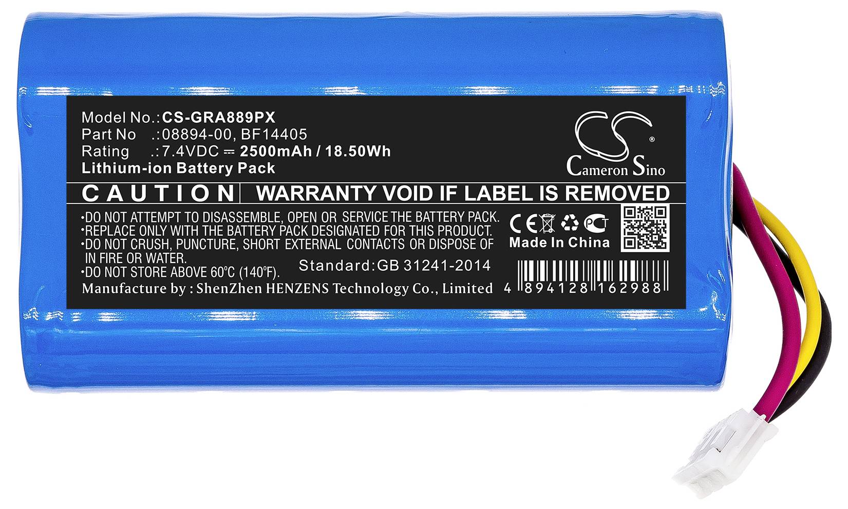 Batterie lithium-ion bleue '7,4VDC, 2500mAh'. Remarque : La garantie expire en cas de retrait de l'autocollant. Plusieurs avertissements de sécurité.