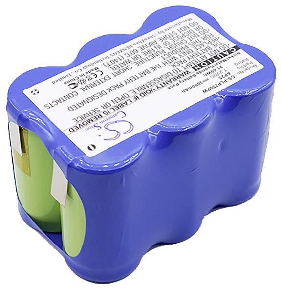 Un pack de batteries bleu et rectangulaire avec quatre cellules cylindriques et un autocollant blanc avec les spécifications techniques dessus.