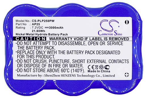 Batterie nickel-hydrure métallique bleue avec autocollant : 7,2V, 3000mAh. Avertissements concernant la manipulation et l'élimination. Fabriqué en Chine.