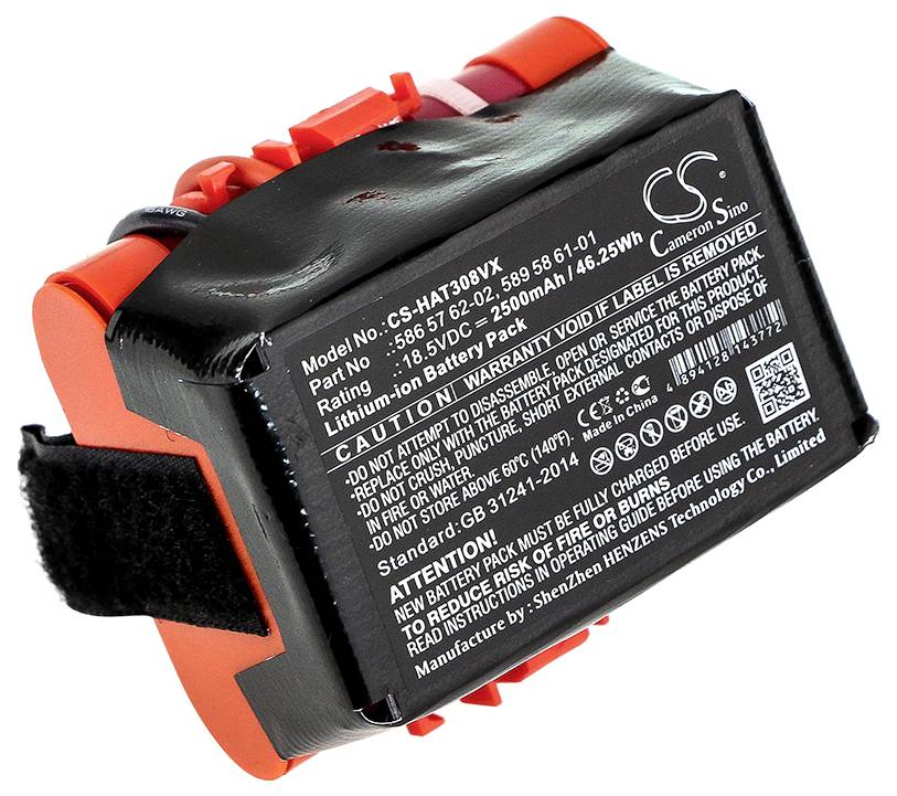 Batterie avec détails rouges et noirs. Modèle : CS-HAT308VX, Tension : 10,8V, Capacité : 5800mAh. Avertissements et informations du fabricant sur l'étiquette.