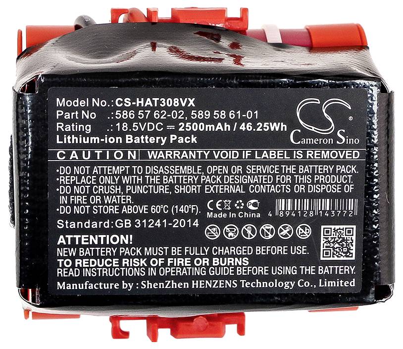 Pack de batteries lithium-ion avec numéro de modèle et de série, indications de tension et de capacité, avertissements et informations du fabricant.