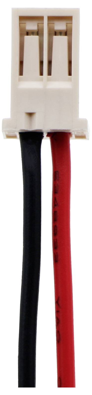 Un connecteur blanc avec deux câbles, un noir et un rouge, qui descendent vers le bas.