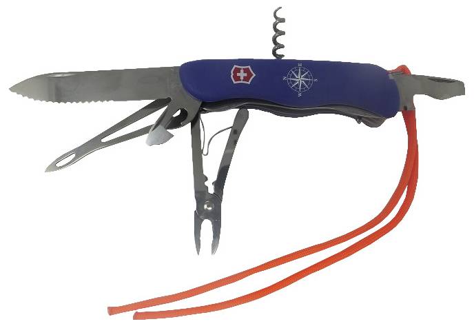 Un couteau multifonction avec un manche bleu comprenant une lame crantée, des ciseaux et un tire-bouchon. Une lanière orange est attachée au manche.