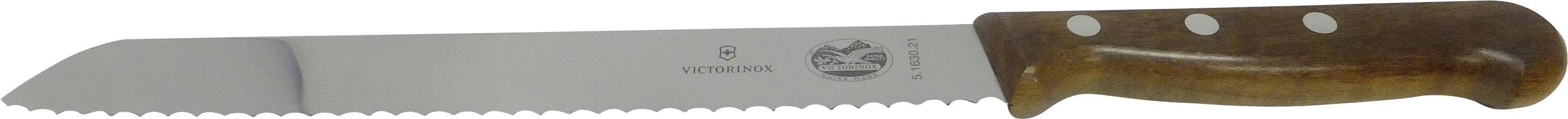 Un couteau à pain dentelé avec un manche en bois, doté de trois rivets.