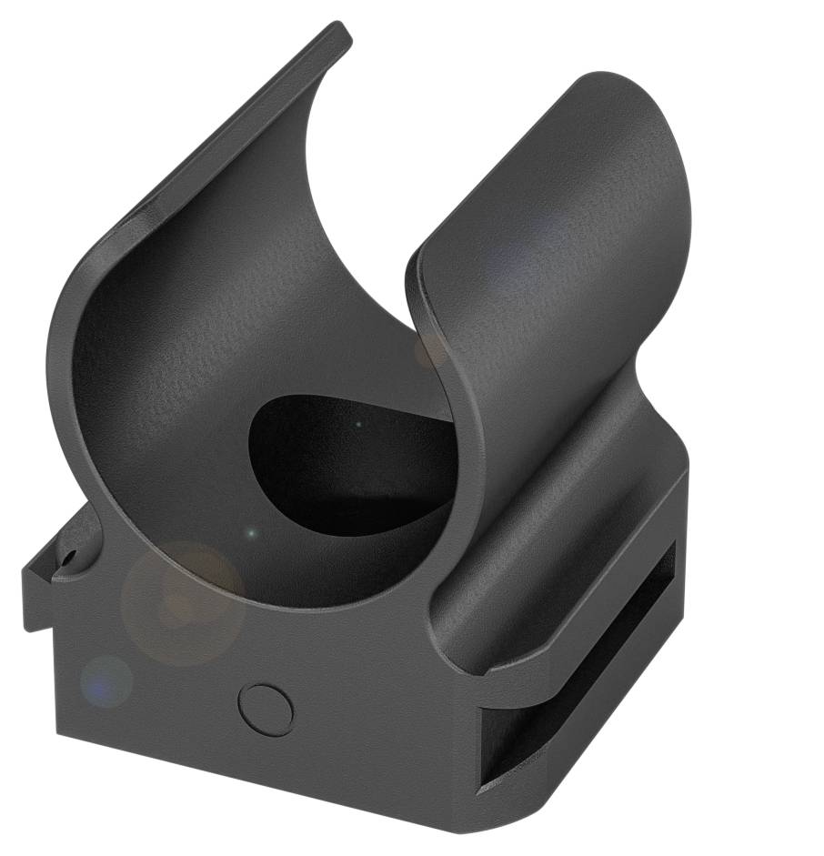 Un support en plastique noir et courbé, adapté à la fixation de tuyaux ou de structures similaires.
