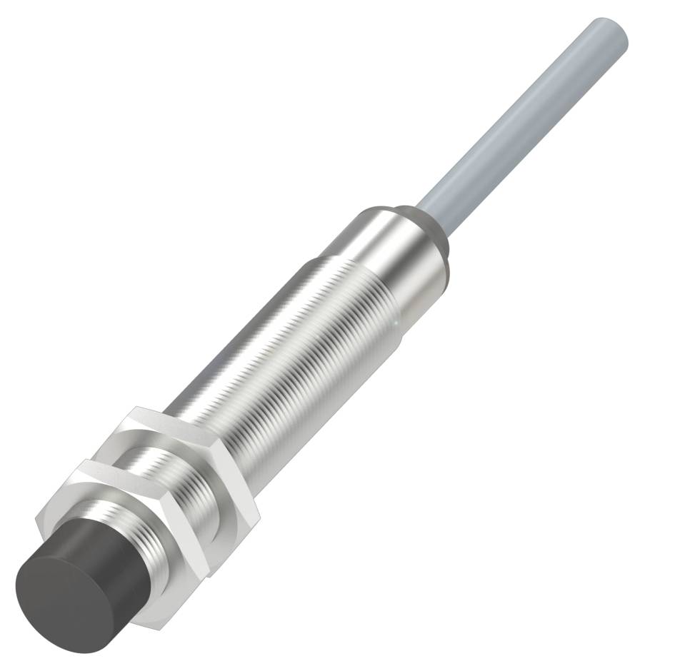 Un capteur inductif cylindrique avec filetage, raccordement par câble, et surface de détection noire, sur fond blanc.