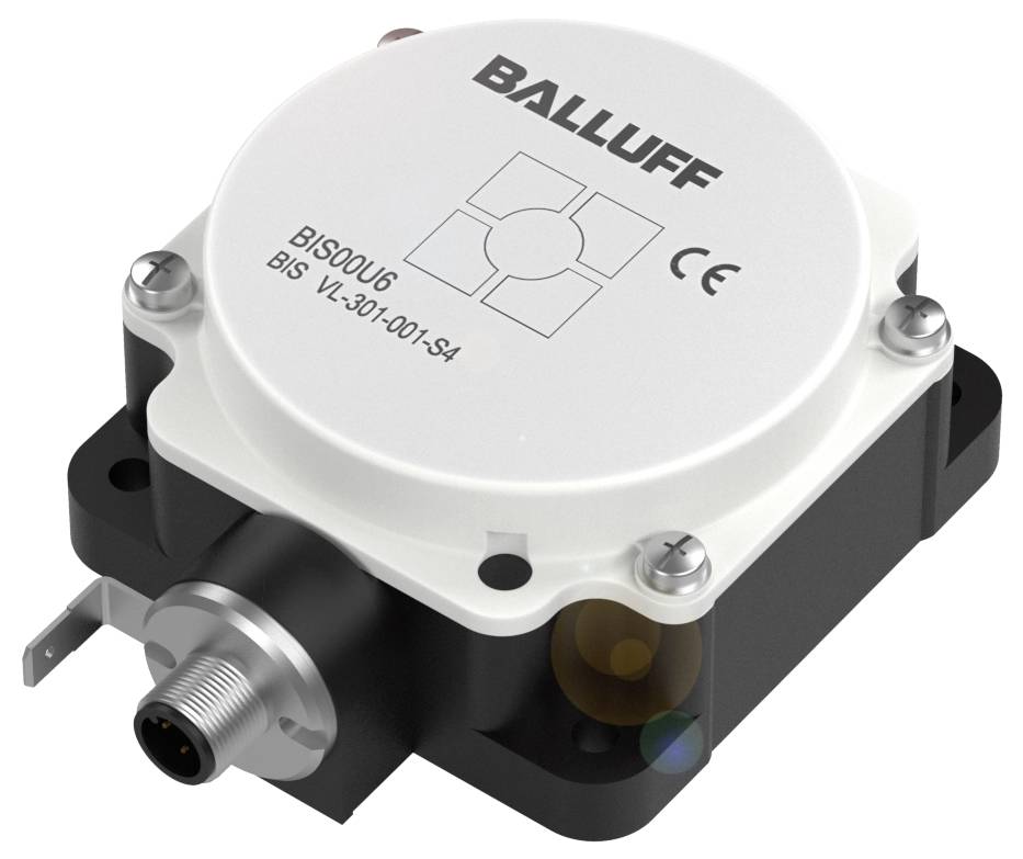 Un capteur inductif carré de Balluff avec câble de raccordement, marquage CE et informations produit sur la face avant.