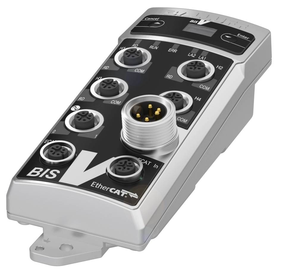 Un appareil électrique avec plusieurs connexions rondes et l'inscription 'BIS V EtherCAT'. Il dispose de boutons et de LED pour l'affichage du statut.