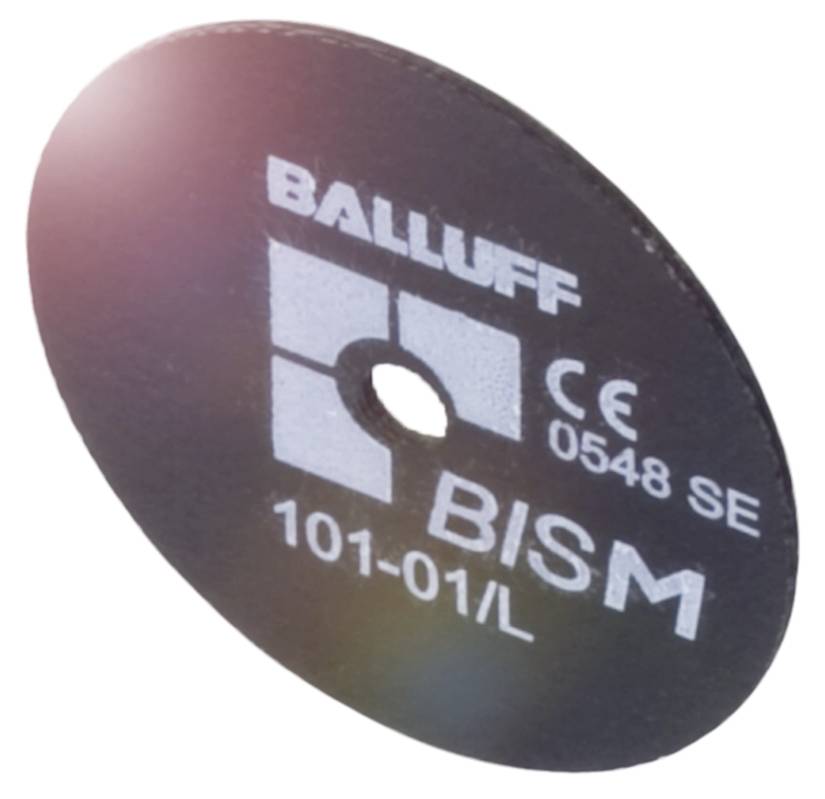 Un marqueur RFID rond et noir avec l'inscription 'BALLUFF BISM 101-01/L' en caractères blancs et le marquage CE.