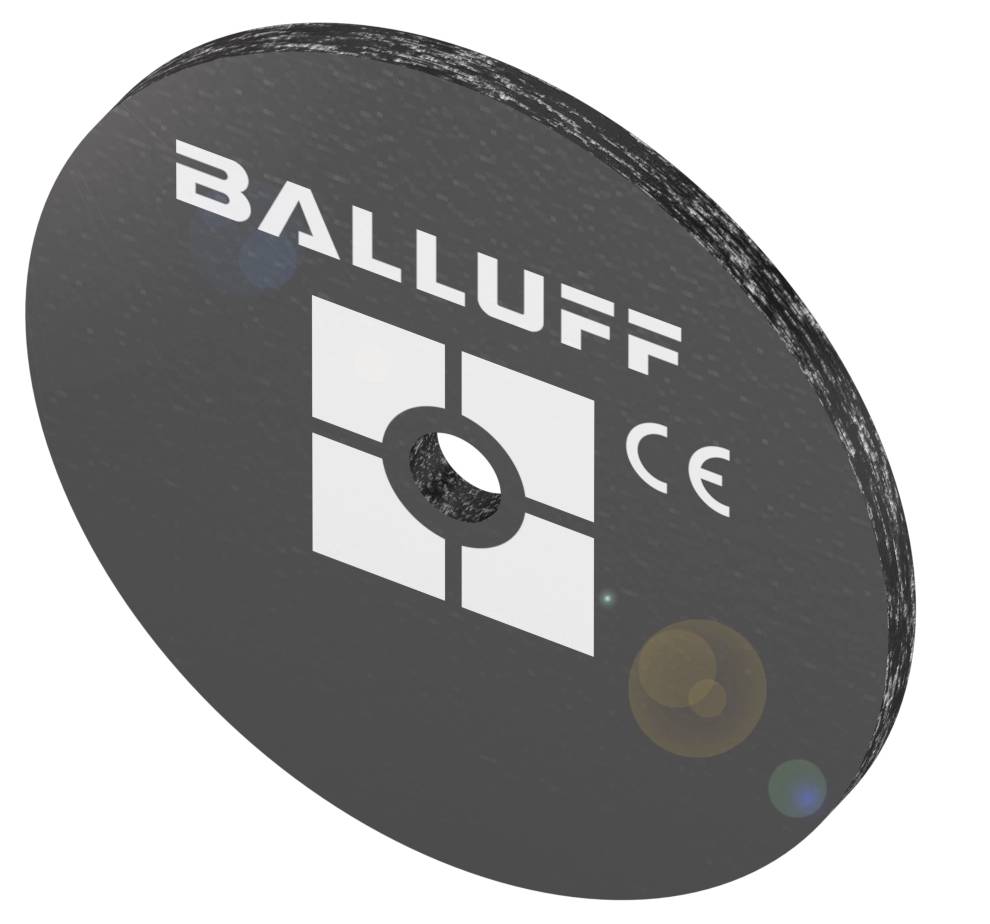 Logo 'BALLUFF' sur une surface ronde noire avec marquage CE.