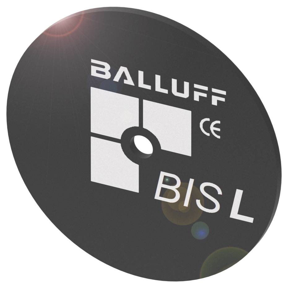 Composant RFID noir et rond avec les inscriptions 'BALLUFF', 'CE', et 'BIS L'.