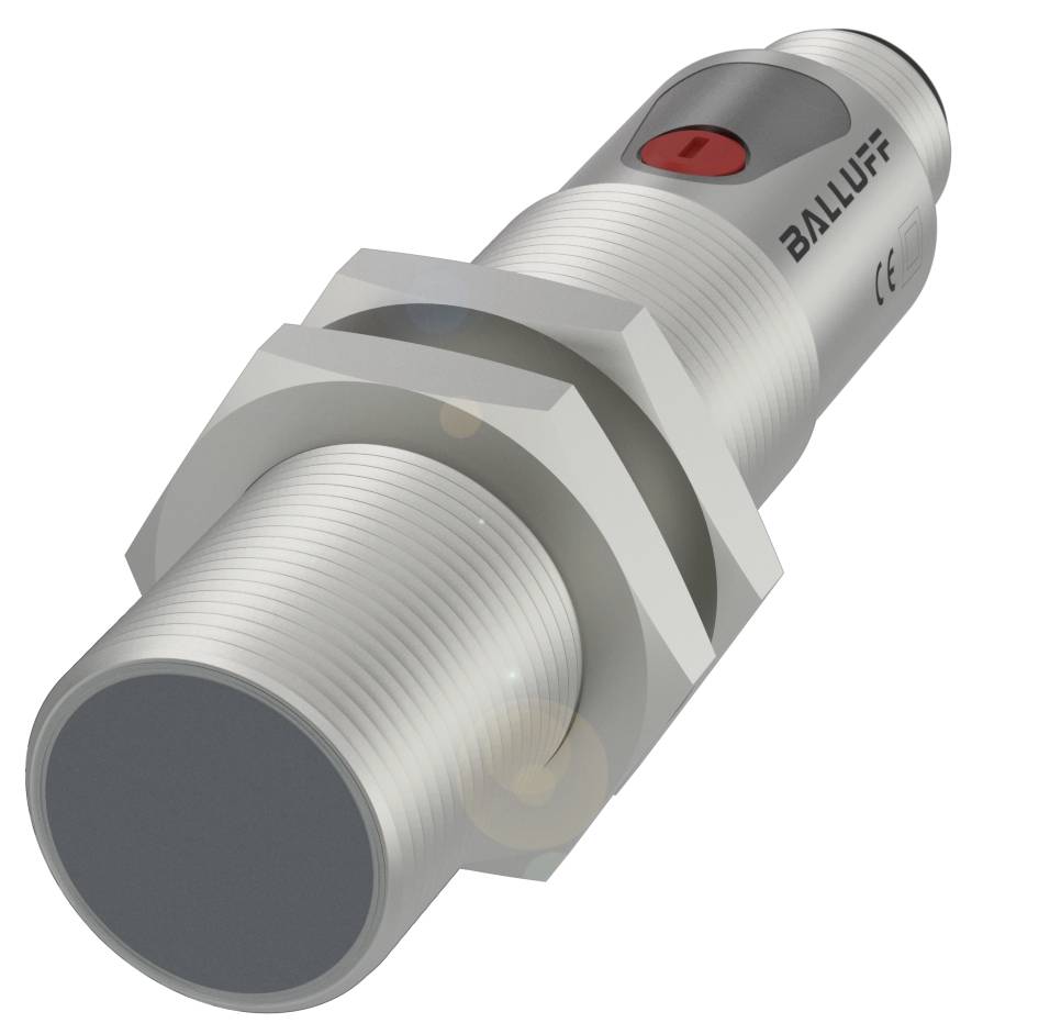 Capteur de forme cylindrique avec filetage et marquage rouge sur la partie supérieure, marqué 'BALLUFF' et sigle CE.