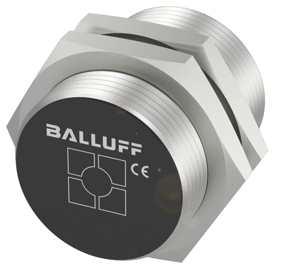 Capteur inductif de Balluff dans un boîtier métallique cylindrique, adapté pour la détection sans contact d'objets métalliques. Marquage CE visible.