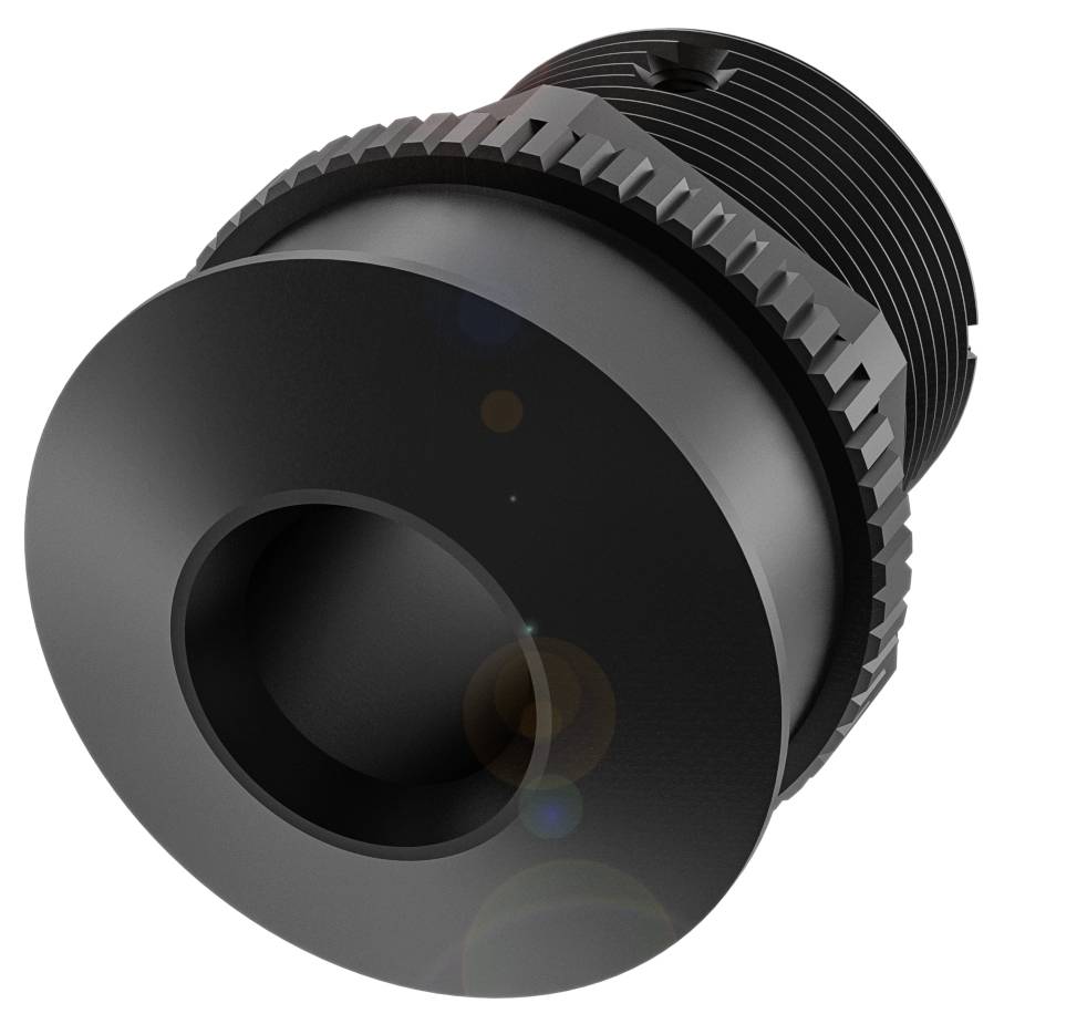 Monture d'objectif cylindrique noire avec bord texturé et strié. Adaptée aux applications techniques ou aux appareils optiques.
