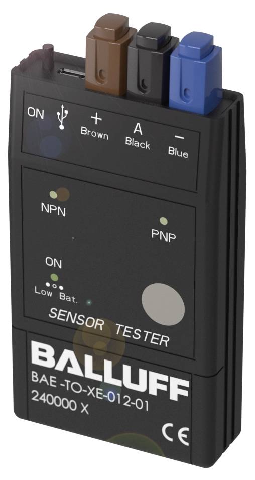 Testeur de capteur avec trois connexions en marron, noir et bleu. Boutons pour NPN et PNP. Nom de marque : Balluff.
