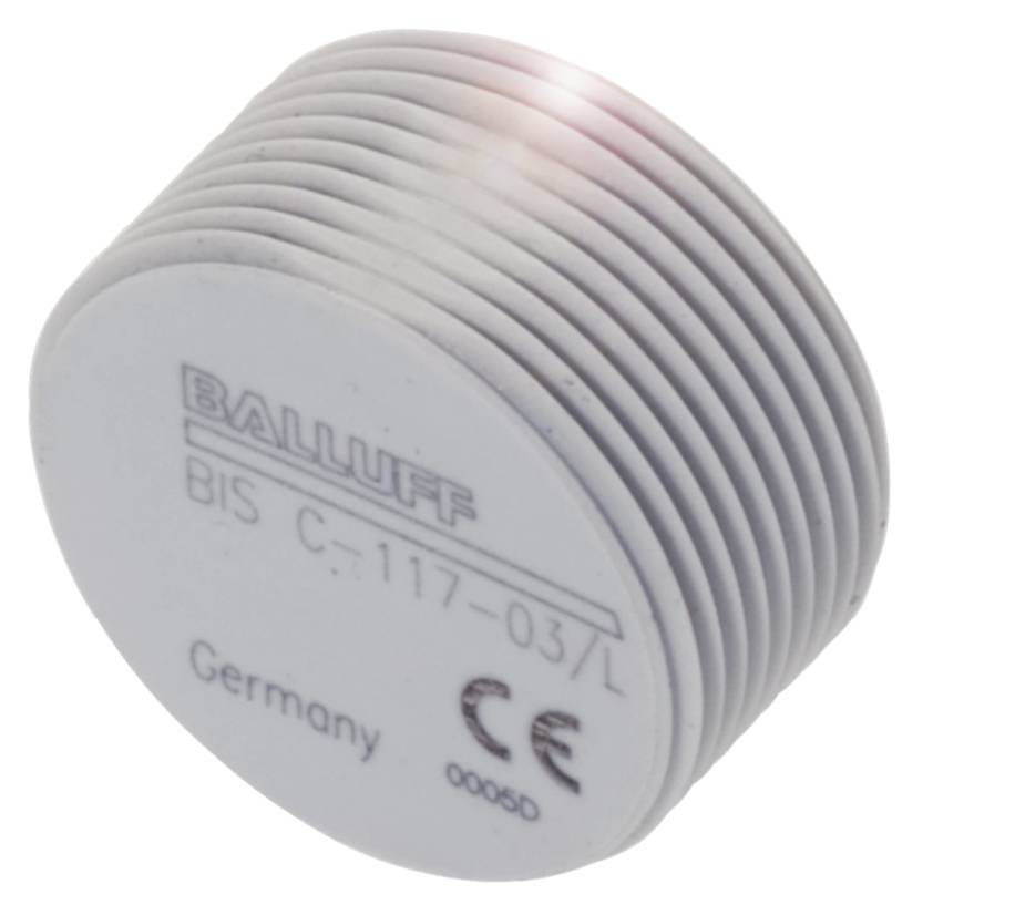 Étiquette RFID de Balluff, modèle BIS C-117-03/L, d'Allemagne, affiche le marquage CE et le numéro de série. Principalement utilisée à des fins d'identification.