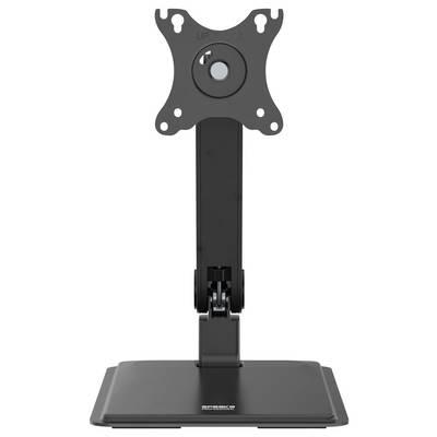Un support de moniteur noir et ajustable avec une base carrée, conçu pour maintenir un écran plat. Le support est compatible VESA.