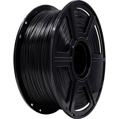 Une bobine de filament noir pour impression 3D, enroulée soigneusement sur un support cylindrique, utilisée pour alimenter le matériau dans une imprimante 3D.