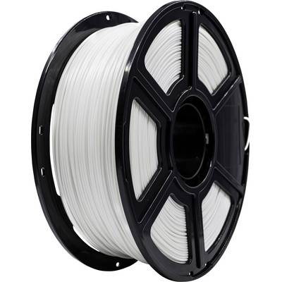 Un bobineau de filament d'impression 3D blanc soigneusement enroulé sur un dévidoir noir, utilisé pour les processus de fabrication additive.
