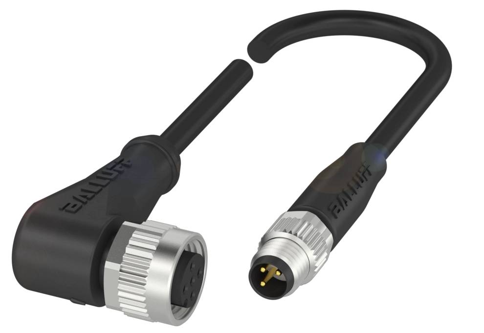 Deux connecteurs électroniques noirs coudés avec des fermetures métalliques argentées et des connexions à broches et douilles visibles.