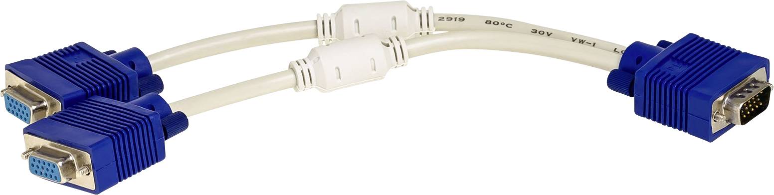 Un câble répartiteur VGA avec une fiche bleue à une extrémité et deux prises bleues à l'autre extrémité, permet de connecter plusieurs écrans à une source.