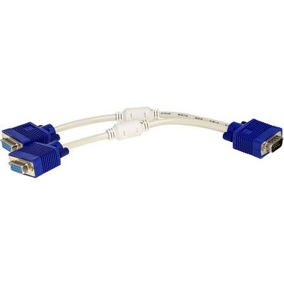 Un câble répartiteur VGA avec une fiche bleue à une extrémité et deux prises bleues à l'autre extrémité, permet de connecter plusieurs écrans à une source.