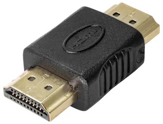 Un adaptateur HDMI noir avec deux connexions HDMI, adapté pour connecter des câbles HDMI.