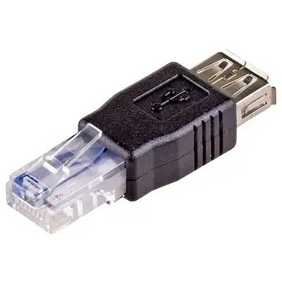 Un adaptateur noir et métallique avec prise USB et connecteur RJ45, utilisé pour connecter des appareils USB aux ports Ethernet.