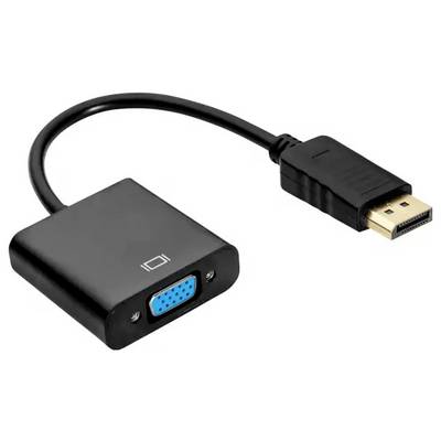 Câble adaptateur noir avec connecteur DisplayPort et prise VGA pour connecter des appareils modernes à des moniteurs plus anciens.