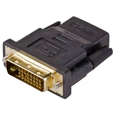 Un adaptateur avec un boîtier noir et des contacts dorés qui relie HDMI à DVI.