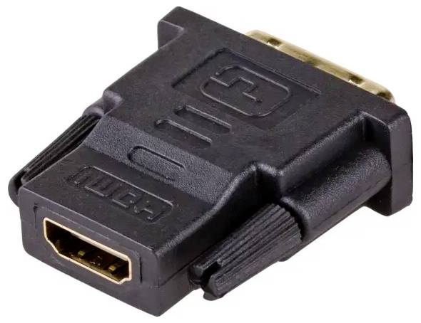 Un adaptateur de DVI vers HDMI, boîtier noir, sert à connecter des appareils avec des interfaces différentes.