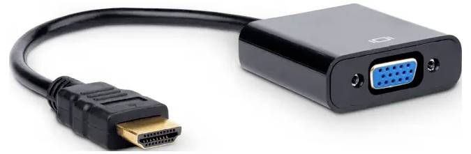 Convertisseur HDMI vers VGA avec boîtier noir. À gauche une fiche HDMI, à droite un connecteur VGA. Relie les appareils HDMI aux moniteurs VGA.