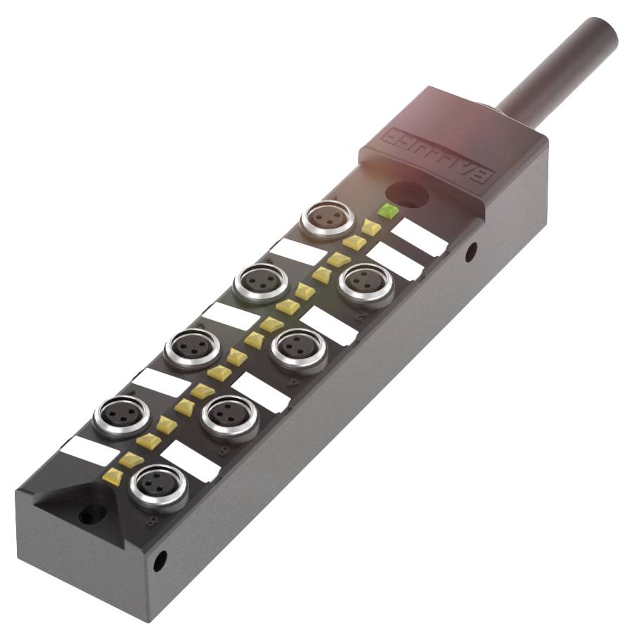 Un bloc de distribution rectangulaire noir avec plusieurs connexions électriques et des indicateurs LED sur le dessus.