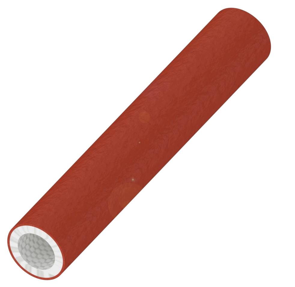 Objet cylindrique rouge avec une section intérieure blanche et une surface texturée.