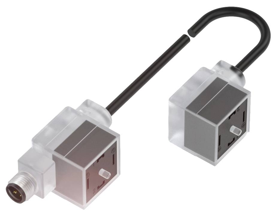 Un connecteur avec boîtier transparent et câble noir. Il a une forme carrée et une connexion métallique.