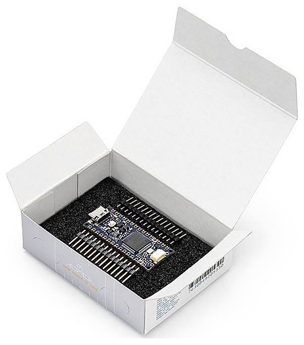 Une carte de développement de microcontrôleur dans un carton ouvert, entourée de mousse de protection, prête à être utilisée.