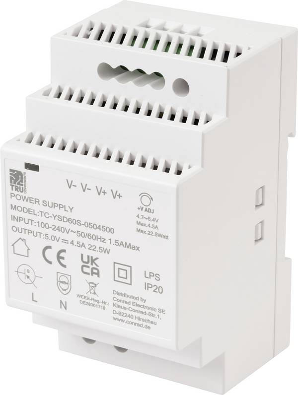 TRU COMPONENTS TC-13710876 Alimentation rail DIN Consommation (veille) 0.3 W 5 V/DC 4.5 A 22.5 W Nbr. de sorties:1 x  Contenu 1 pc(s)