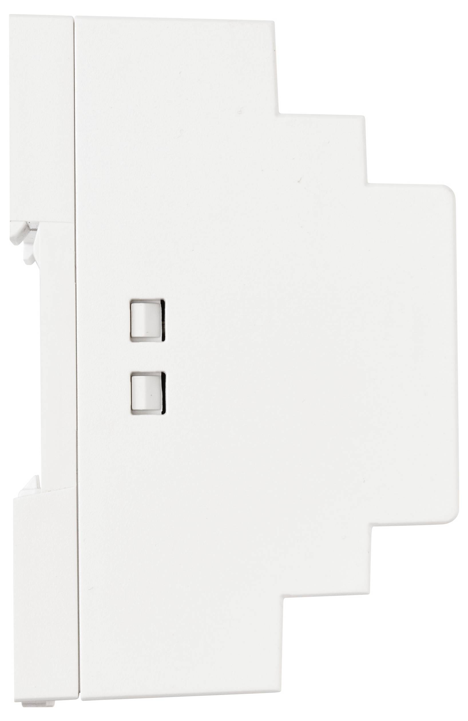 Un dispositif modulaire blanc avec deux boutons sur le côté, probablement un module électrique ou un composant de circuit, vu de profil.