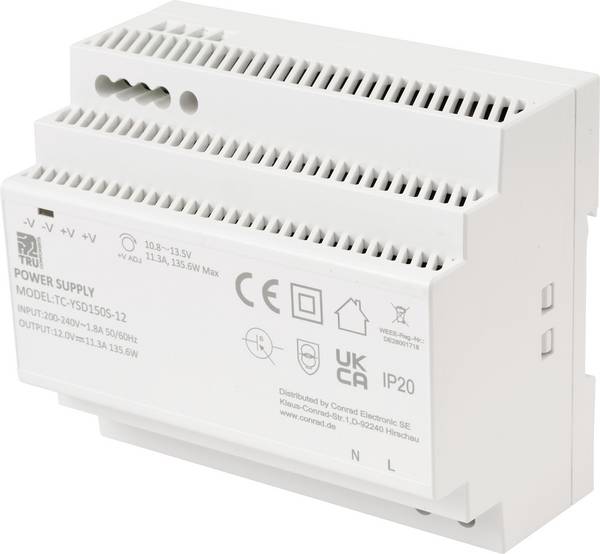 TRU COMPONENTS TC-13710892 Alimentation rail DIN Consommation (veille) 0.3 W 12 V/DC 11.3 A 135.6 W Nbr. de sorties:1 x  Contenu 1 pc(s)