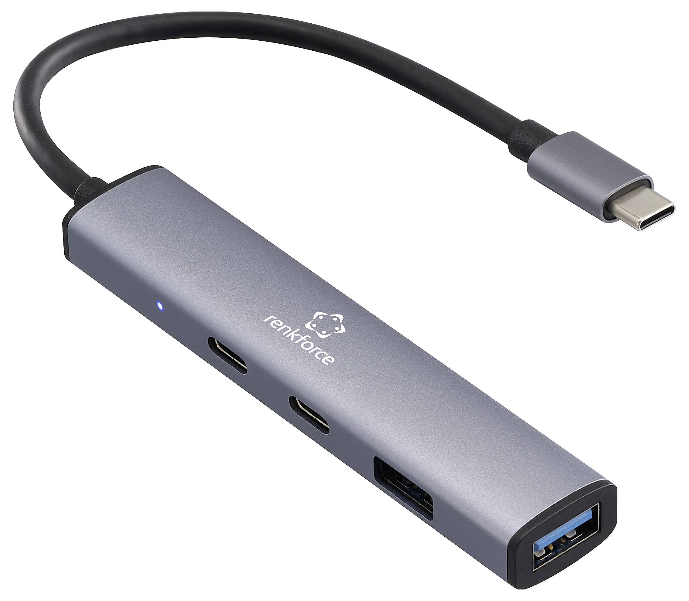 Un hub multiport USB-C en argent avec plusieurs emplacements d'entrée, comprenant USB-A, HDMI et d'autres connecteurs. Idéal pour étendre la connectivité des appareils.