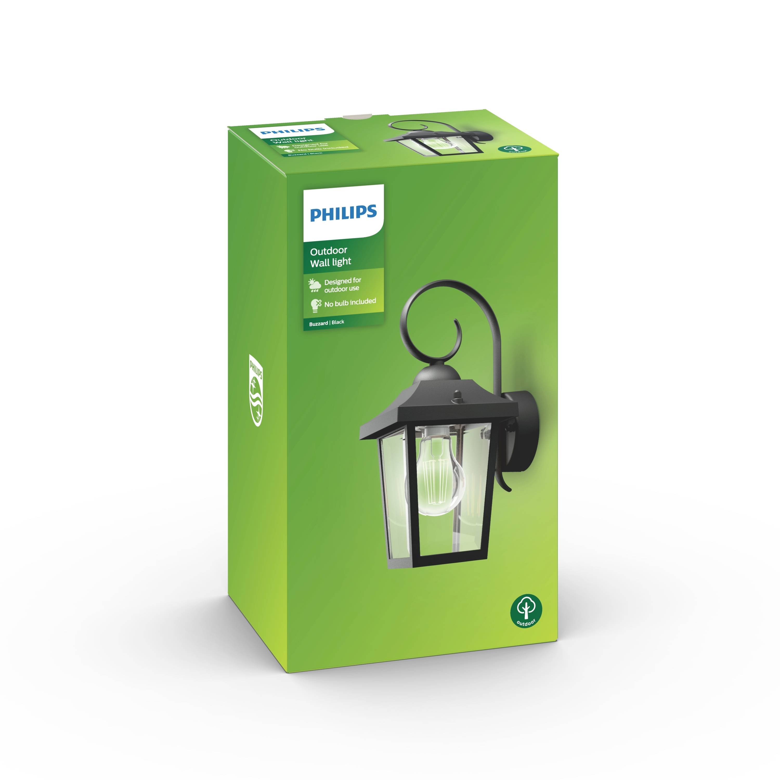 Emballage d'une applique murale extérieure Philips en vert avec image du luminaire. Convient pour l'extérieur, ampoules basse consommation incluses.