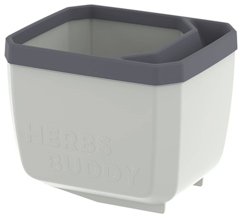 Un pot de plantes rectangulaire à deux compartiments avec l'inscription 'HERBS BUDDY', idéal pour planter des herbes aromatiques.