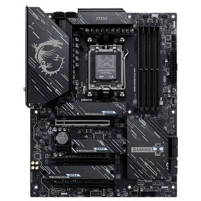 L'image montre une carte mère gaming, modèle de MSI, avec plusieurs slots PCIe, emplacements RAM et la marque distinctive d'un motif de dragon.