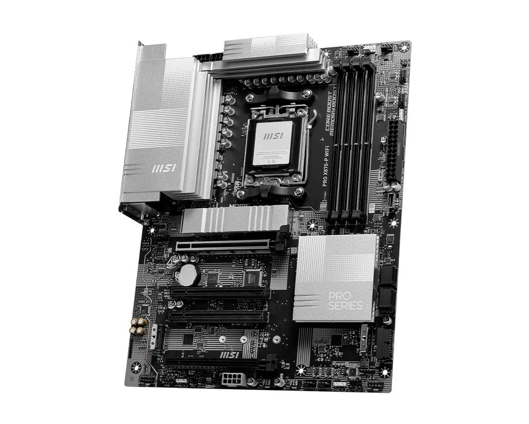 Une carte mère MSI avec plusieurs emplacements RAM, socket CPU et connecteurs, faisant partie de la série Pro, pour l'assemblage ou la mise à niveau de PC.