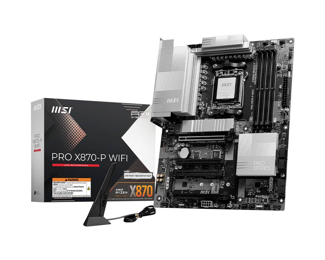 Carte mère MSI PRO X870-P WIFI à côté de l'emballage, montrant les connecteurs et composants. Accessoires incluant l'antenne Wi-Fi.