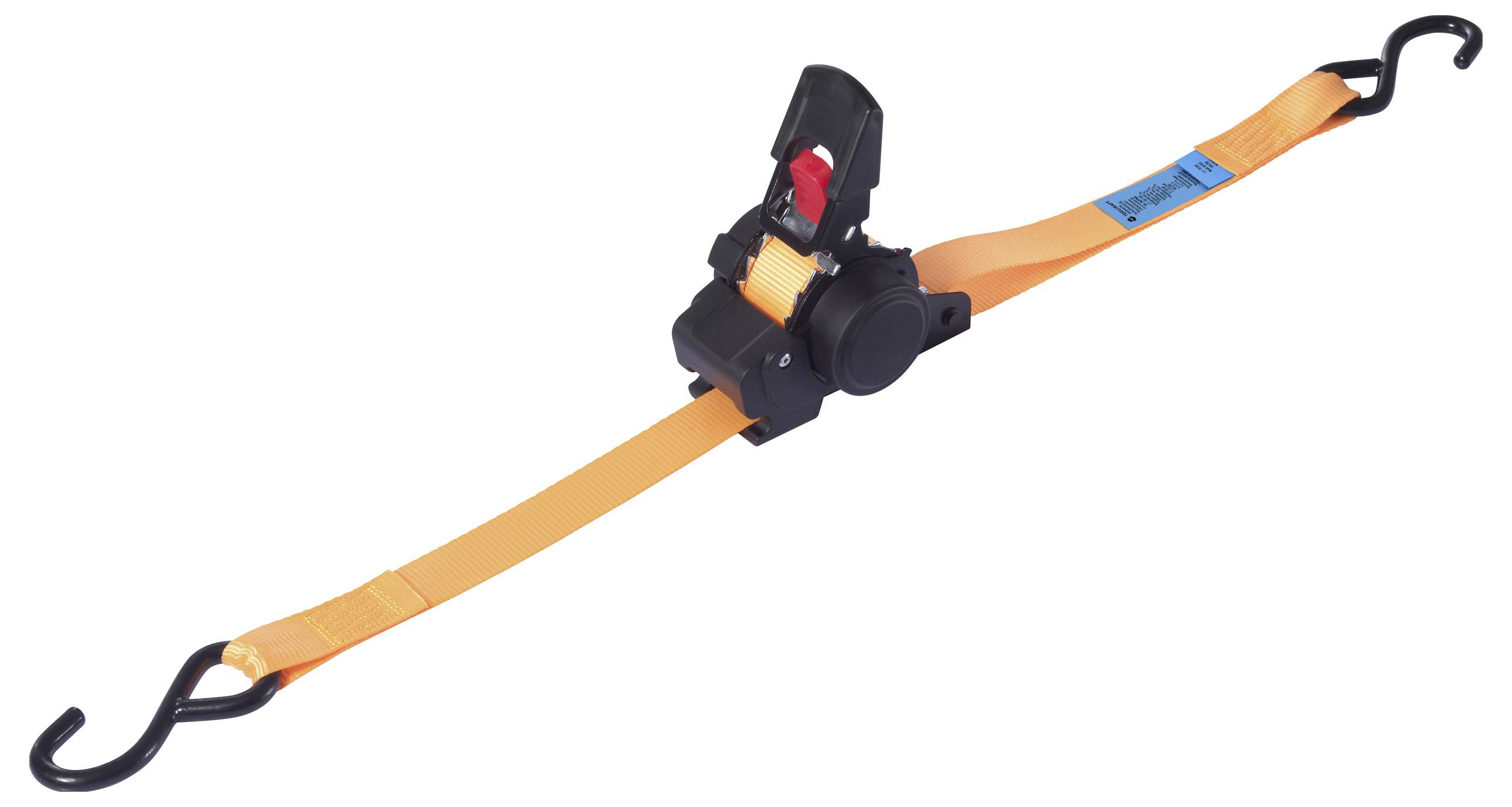 Une sangle d'arrimage orange avec des crochets noirs à chaque extrémité, utilisée pour sécuriser des charges lourdes. Le mécanisme de tendeur est noir avec un levier rouge.