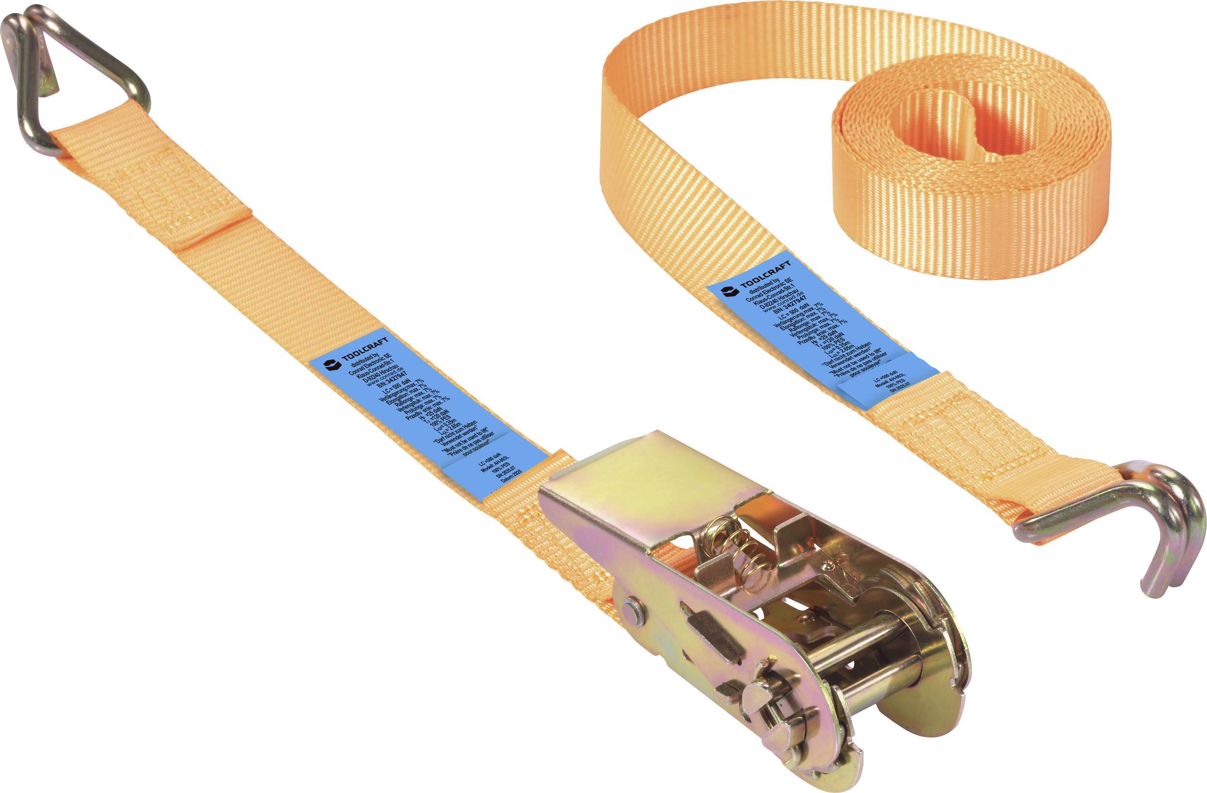 Une sangle d'arrimage orange avec des crochets et une étiquette bleue, utilisée pour fixer des charges.