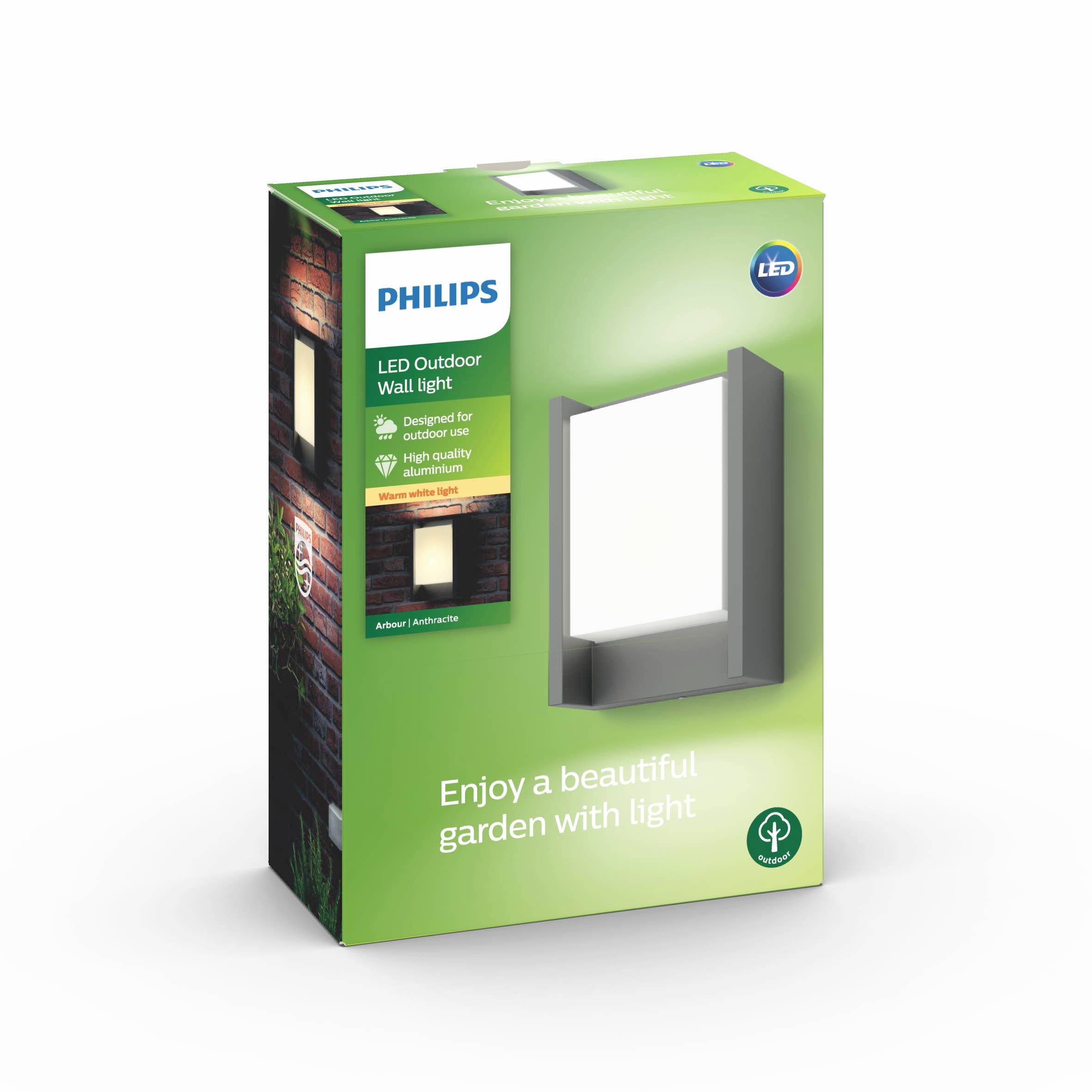 Emballage d'une applique murale extérieure LED Philips avec image de la luminaire et texte 'Profitez d'un beau jardin avec de la lumière'.