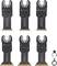 Six lames de scie noires TOOLCRAFT avec des marquages de mesure, disposées en deux rangées de trois, à côté de deux petites pièces de fixation assorties.