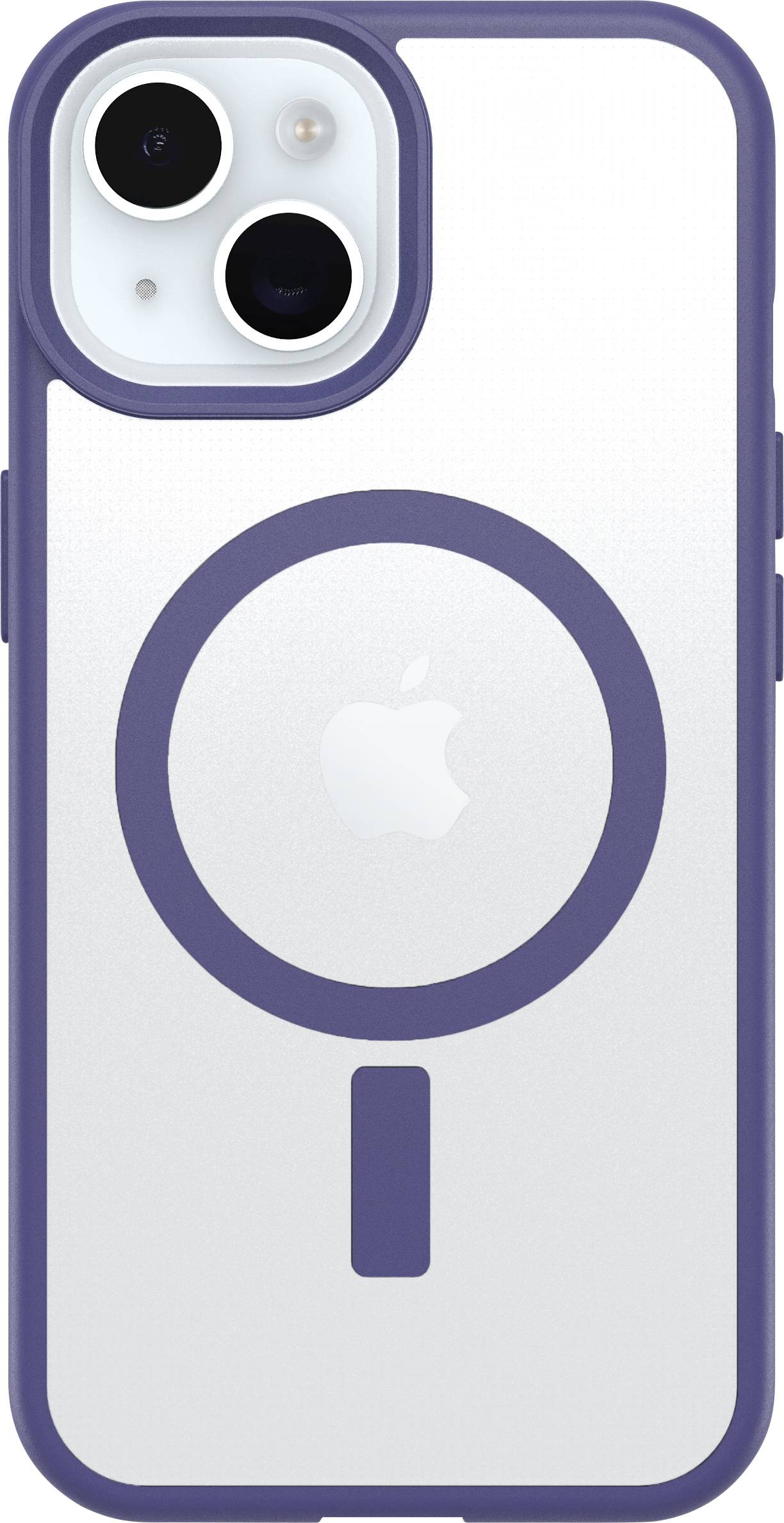 Coque de protection pour smartphone avec cadre violet et identification MagSafe, affichant un logo Apple lumineux au dos.